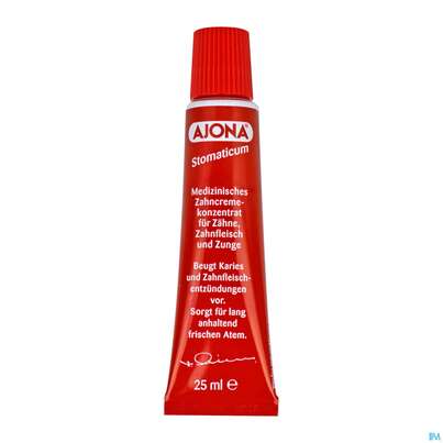 Sie sehen eine Packung Zahnpaste Ajona Stomaticum Rot 25ml, Produktbild: 07 Zahnpaste Ajona Stomaticum Rot 25ml, A-Nr.: 0208278 - 07