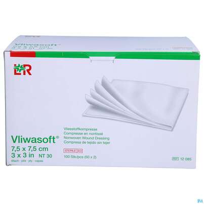 Sie sehen eine Packung Vlieskompressen Vliwasoft 6fach Steril 7,5x 7,5cm 100st, Produktbild: 01 Vlieskompressen Vliwasoft 6fach Steril 7,5x 7,5cm 100st, A-Nr.: 1372749 - 01