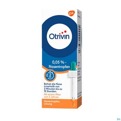 Sie sehen eine Packung Otrivin 0,05% Nasentropfen, 10 Milliliter, Produktbild: 02 Otrivin 0,05% Nasentropfen, 10 Milliliter, A-Nr.: 0040904 - 02