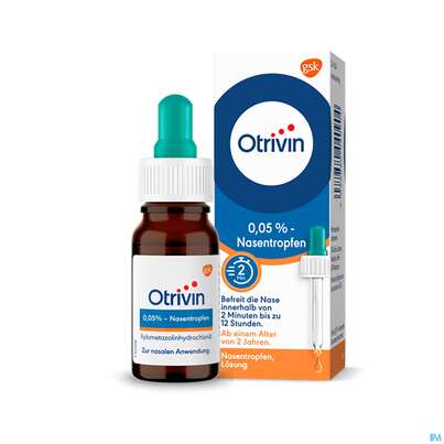 Sie sehen eine Packung Otrivin 0,05% Nasentropfen, 10 Milliliter, Produktbild: 05 Otrivin 0,05% Nasentropfen, 10 Milliliter, A-Nr.: 0040904 - 05