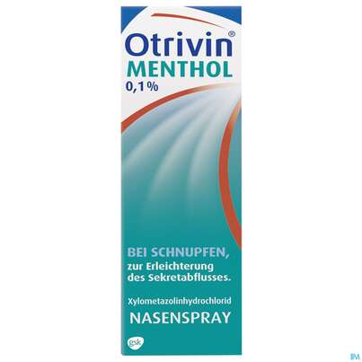 Sie sehen eine Packung Otrivin Menthol 0,1% Nasenspray, 15 Milliliter, Produktbild: 01 Otrivin Menthol 0,1% Nasenspray, 15 Milliliter, A-Nr.: 1312144 - 01