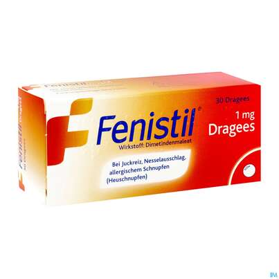 Sie sehen eine Packung Fenistil 1mg Dragees, 30 Stück, Produktbild: 05 Fenistil 1mg Dragees, 30 Stück, A-Nr.: 0021545 - 05