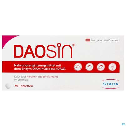 Sie sehen eine Packung Daosin Enzym Diaminooxidase Tabl 30st, Produktbild: 01 Daosin Enzym Diaminooxidase Tabl 30st, A-Nr.: 5372545 - 01