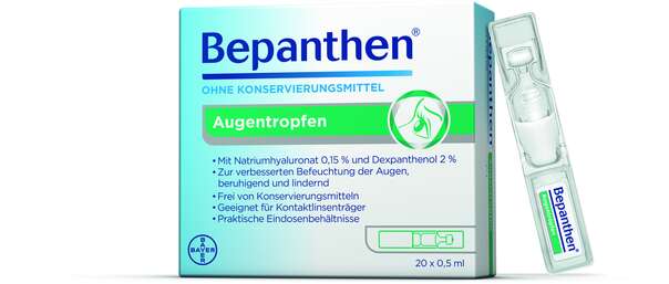 Sie sehen eine Packung Bepanthen® Augentropfen - Einzeldosen, 20 Stück, Produktbild: 01 Bepanthen® Augentropfen - Einzeldosen, 20 Stück, A-Nr.: 3549519 - 01