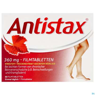 Sie sehen eine Packung Antistax® 360 mg Filmtabletten, 60 Stück, Produktbild: 01 Antistax® 360 mg Filmtabletten, 60 Stück, A-Nr.: 3520421 - 01