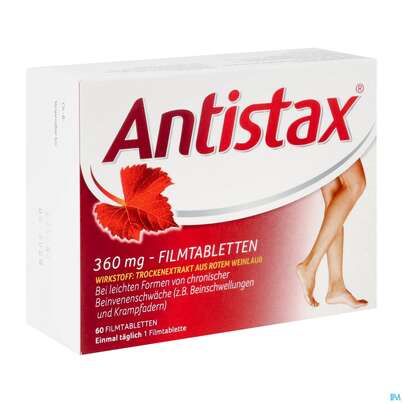 Sie sehen eine Packung Antistax® 360 mg Filmtabletten, 60 Stück, Produktbild: 02 Antistax® 360 mg Filmtabletten, 60 Stück, A-Nr.: 3520421 - 02