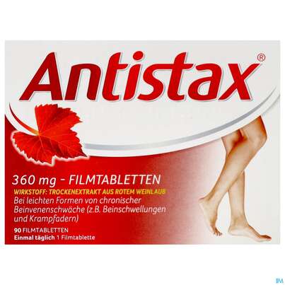 Sie sehen eine Packung Antistax® Filmtabletten 360mg, 90 Stück, Produktbild: 01 Antistax® Filmtabletten 360mg, 90 Stück, A-Nr.: 3546432 - 01