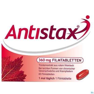 Sie sehen eine Packung Antistax® 360 mg Filmtabletten, 30 Stück, Produktbild: 01 Antistax® 360 mg Filmtabletten, 30 Stück, A-Nr.: 3520415 - 01