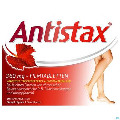 Sie sehen eine Packung Antistax® 360 mg Filmtabletten, 30 Stück, Produktbild: 02 Antistax® 360 mg Filmtabletten, 30 Stück, A-Nr.: 3520415 - 02