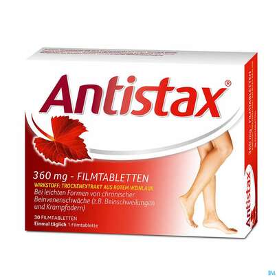 Sie sehen eine Packung Antistax® 360 mg Filmtabletten, 30 Stück, Produktbild: 04 Antistax® 360 mg Filmtabletten, 30 Stück, A-Nr.: 3520415 - 04