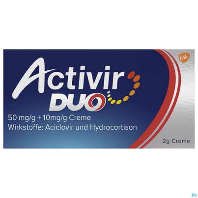 Sie sehen eine Packung Activir Duo 50 mg/g + 10 mg/g Creme, 2 Gramm, Produktbild: 01 Activir Duo 50 mg/g + 10 mg/g Creme, 2 Gramm, A-Nr.: 4964077 - 01