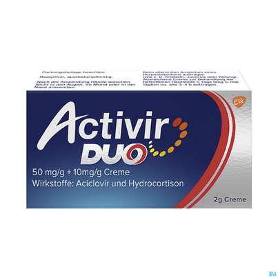 Sie sehen eine Packung Activir Duo 50 mg/g + 10 mg/g Creme, 2 Gramm, Produktbild: 02 Activir Duo 50 mg/g + 10 mg/g Creme, 2 Gramm, A-Nr.: 4964077 - 02