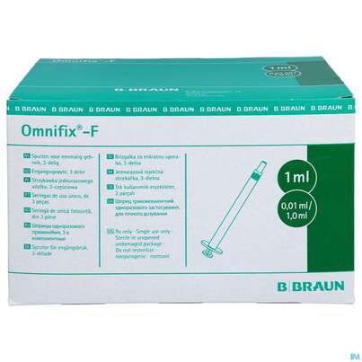 Sie sehen eine Packung Injektionsspritzen U.zubeh. Tuberkulin Einmal-spr Omnifix 1ml 3-teilig 100st, Produktbild: 01 Injektionsspritzen U.zubeh. Tuberkulin Einmal-spr Omnifix 1ml 3-teilig 100st, A-Nr.: 3048579 - 01