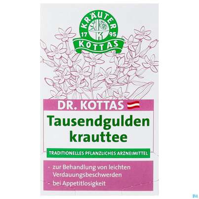 Sie sehen eine Packung Dr. Kottas Tausendguldenkrauttee, 20 Stück, Produktbild: 01 Dr. Kottas Tausendguldenkrauttee, 20 Stück, A-Nr.: 3886257 - 01