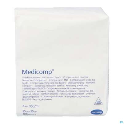 Sie sehen eine Packung Kompressen Medicomp Vliesstoff 4fach Unsteril 10x 10cm 100st, Produktbild: 02 Kompressen Medicomp Vliesstoff 4fach Unsteril 10x 10cm 100st, A-Nr.: 1652041 - 02