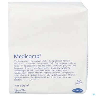 Sie sehen eine Packung Kompressen Medicomp Vliesstoff 4fach Unsteril 10x 10cm 100st, Produktbild: 03 Kompressen Medicomp Vliesstoff 4fach Unsteril 10x 10cm 100st, A-Nr.: 1652041 - 03