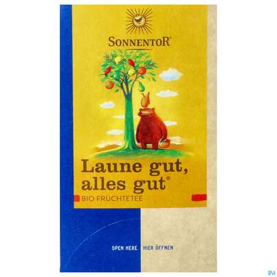 Sie sehen eine Packung Sonnentor Laune gut, alles gut® Früchtetee, 18 Stück, Produktbild: 01 Sonnentor Laune gut, alles gut® Früchtetee, 18 Stück, A-Nr.: 3574718 - 01