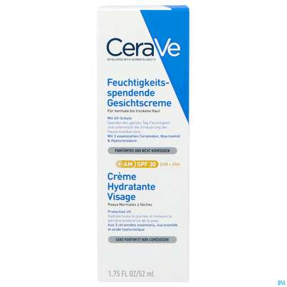 Sie sehen eine Packung CeraVe Feuchtigkeitsspendende Gesichtscreme mit LSF 30, 52 Milliliter, Produktbild: 02 CeraVe Feuchtigkeitsspendende Gesichtscreme mit LSF 30, 52 Milliliter, A-Nr.: 5275492 - 02