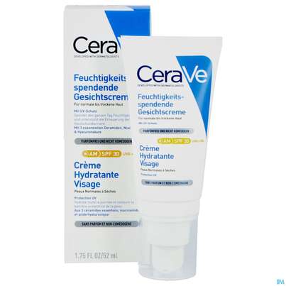 Sie sehen eine Packung CeraVe Feuchtigkeitsspendende Gesichtscreme mit LSF 30, 52 Milliliter, Produktbild: 05 CeraVe Feuchtigkeitsspendende Gesichtscreme mit LSF 30, 52 Milliliter, A-Nr.: 5275492 - 05