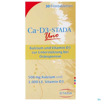 Sie sehen eine Packung Ca-D3-STADA Uno Filmtabletten, 30 Stück, Produktbild: 01 Ca-D3-STADA Uno Filmtabletten, 30 Stück, A-Nr.: 4008062 - 01