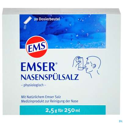 Sie sehen eine Packung EMSER NA-SPUELSALZ 2,5G BTL, 20 Stück, Produktbild: 01 EMSER NA-SPUELSALZ 2,5G BTL, 20 Stück, A-Nr.: 3024892 - 01