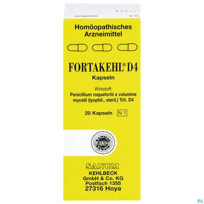 Sie sehen eine Packung Fortakehl D 4 Kapseln 20st, Produktbild: 01 Fortakehl D 4 Kapseln 20st, A-Nr.: 2396002 - 01