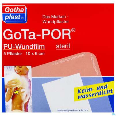 Sie sehen eine Packung Wundverband Gota-por Pu-wundfilm Steril Wasserfest 100x 60mm 5st, Produktbild: 01 Wundverband Gota-por Pu-wundfilm Steril Wasserfest 100x 60mm 5st, A-Nr.: 2982289 - 01