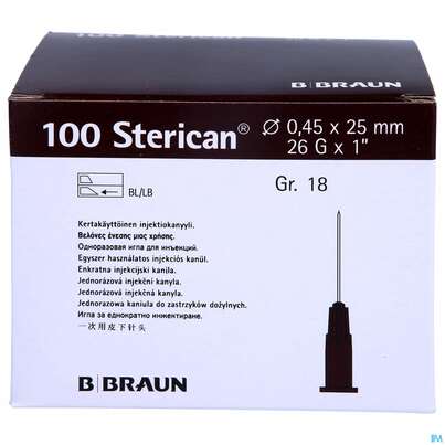 Sie sehen eine Packung Injektionsspritzen U.zubeh. Einmalkanuelen Sterican Standard Gr18 G26x1 0,45x 25mm 46576 100st, Produktbild: 01 Injektionsspritzen U.zubeh. Einmalkanuelen Sterican Standard Gr18 G26x1 0,45x 25mm 46576 100st, A-Nr.: 2692539 - 01