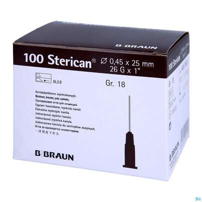 Sie sehen eine Packung Injektionsspritzen U.zubeh. Einmalkanuelen Sterican Standard Gr18 G26x1 0,45x 25mm 46576 100st, Produktbild: 02 Injektionsspritzen U.zubeh. Einmalkanuelen Sterican Standard Gr18 G26x1 0,45x 25mm 46576 100st, A-Nr.: 2692539 - 02