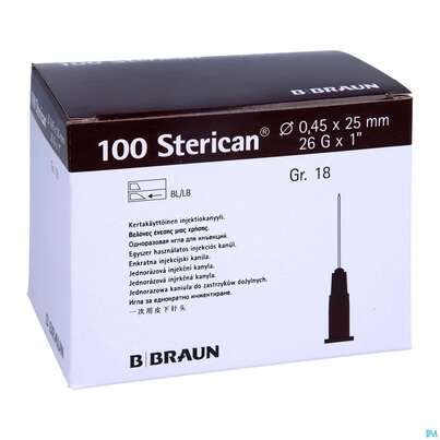 Sie sehen eine Packung Injektionsspritzen U.zubeh. Einmalkanuelen Sterican Standard Gr18 G26x1 0,45x 25mm 46576 100st, Produktbild: 03 Injektionsspritzen U.zubeh. Einmalkanuelen Sterican Standard Gr18 G26x1 0,45x 25mm 46576 100st, A-Nr.: 2692539 - 03