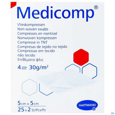 Sie sehen eine Packung Kompressen Medicomp Vliesstoff 4fach Steril 5x 5cm 25x2 50st, Produktbild: 02 Kompressen Medicomp Vliesstoff 4fach Steril 5x 5cm 25x2 50st, A-Nr.: 1651981 - 02