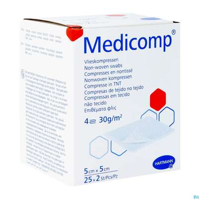 Sie sehen eine Packung Kompressen Medicomp Vliesstoff 4fach Steril 5x 5cm 25x2 50st, Produktbild: 03 Kompressen Medicomp Vliesstoff 4fach Steril 5x 5cm 25x2 50st, A-Nr.: 1651981 - 03