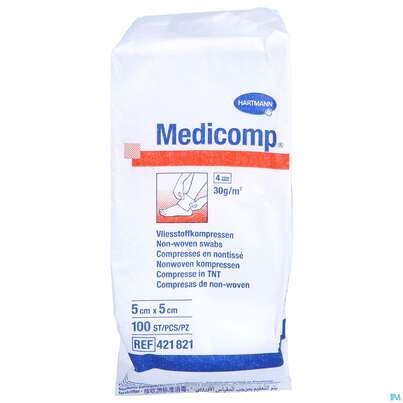 Sie sehen eine Packung Kompressen Medicomp Vliesstoff 4fach Unsteril 5x 5cm 100st, Produktbild: 01 Kompressen Medicomp Vliesstoff 4fach Unsteril 5x 5cm 100st, A-Nr.: 1652029 - 01