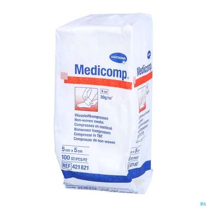 Sie sehen eine Packung Kompressen Medicomp Vliesstoff 4fach Unsteril 5x 5cm 100st, Produktbild: 02 Kompressen Medicomp Vliesstoff 4fach Unsteril 5x 5cm 100st, A-Nr.: 1652029 - 02