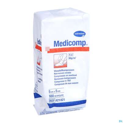 Sie sehen eine Packung Kompressen Medicomp Vliesstoff 4fach Unsteril 5x 5cm 100st, Produktbild: 03 Kompressen Medicomp Vliesstoff 4fach Unsteril 5x 5cm 100st, A-Nr.: 1652029 - 03