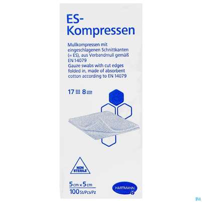 Sie sehen eine Packung Mullkompressen-es Hartmann/unsteril 8fach 17faedig 5x 5cm 100st, Produktbild: 01 Mullkompressen-es Hartmann/unsteril 8fach 17faedig 5x 5cm 100st, A-Nr.: 1152901 - 01