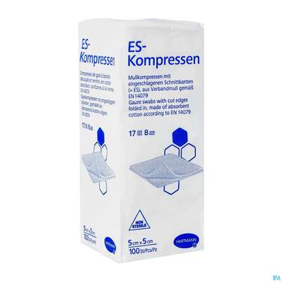 Sie sehen eine Packung Mullkompressen-es Hartmann/unsteril 8fach 17faedig 5x 5cm 100st, Produktbild: 02 Mullkompressen-es Hartmann/unsteril 8fach 17faedig 5x 5cm 100st, A-Nr.: 1152901 - 02