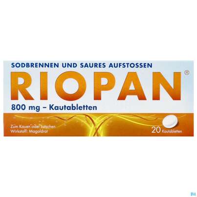 Sie sehen eine Packung RIOPAN KAUTBL 800MG, 20 Stück, Produktbild: 01 RIOPAN KAUTBL 800MG, 20 Stück, A-Nr.: 1254990 - 01