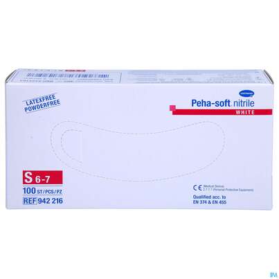 Sie sehen eine Packung Untersuchungshandschuhe Peha/soft/puderfrei Nitrile Unsteril White S 100st, Produktbild: 01 Untersuchungshandschuhe Peha/soft/puderfrei Nitrile Unsteril White S 100st, A-Nr.: 3994082 - 01