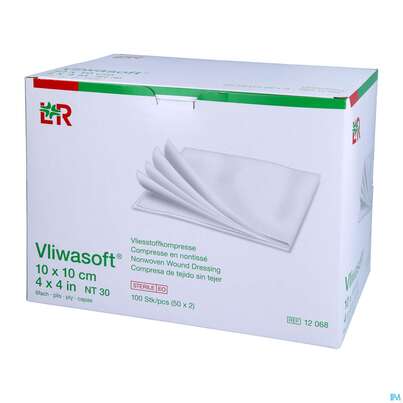 Sie sehen eine Packung Vlieskompressen Vliwasoft 6fach Steril 10x 10cm 100st, Produktbild: 02 Vlieskompressen Vliwasoft 6fach Steril 10x 10cm 100st, A-Nr.: 1372761 - 02
