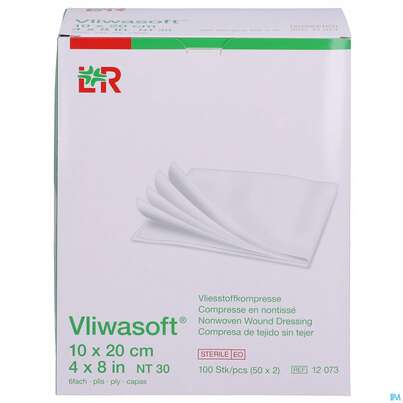 Sie sehen eine Packung Vlieskompressen Vliwasoft 6fach Steril 10x 20cm 100st, Produktbild: 01 Vlieskompressen Vliwasoft 6fach Steril 10x 20cm 100st, A-Nr.: 1372784 - 01