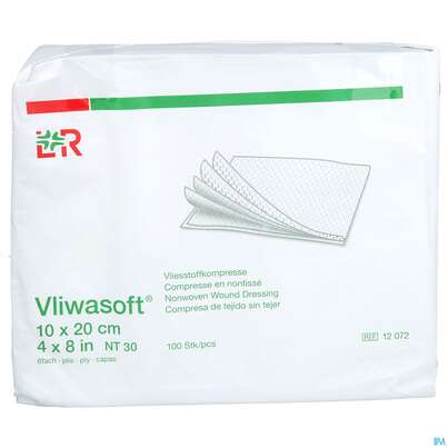 Sie sehen eine Packung Vlieskompressen Vliwasoft 6fach/unsteril Lose 10x 20cm 100st, Produktbild: 01 Vlieskompressen Vliwasoft 6fach/unsteril Lose 10x 20cm 100st, A-Nr.: 1372821 - 01