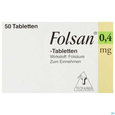 Sie sehen eine Packung FOLSAN TBL 0,4MG, 50 Stück, Produktbild: 01 FOLSAN TBL 0,4MG, 50 Stück, A-Nr.: 2423242 - 01