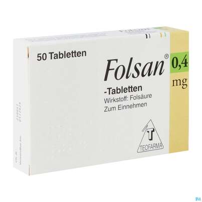 Sie sehen eine Packung FOLSAN TBL 0,4MG, 50 Stück, Produktbild: 02 FOLSAN TBL 0,4MG, 50 Stück, A-Nr.: 2423242 - 02