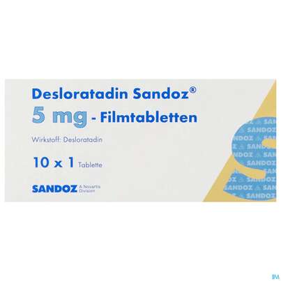 Sie sehen eine Packung DESLORATADIN SAN FTBL 5MG, 10 Stück, Produktbild: 01 DESLORATADIN SAN FTBL 5MG, 10 Stück, A-Nr.: 3909900 - 01