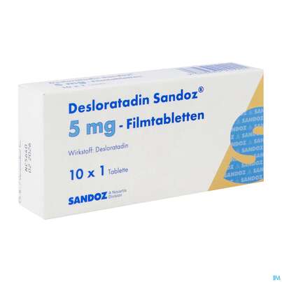 Sie sehen eine Packung DESLORATADIN SAN FTBL 5MG, 10 Stück, Produktbild: 02 DESLORATADIN SAN FTBL 5MG, 10 Stück, A-Nr.: 3909900 - 02