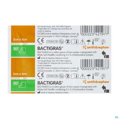 Sie sehen eine Packung Kompressen Bactigras Paraffingaze 5x 5cm 1st, Produktbild: 02 Kompressen Bactigras Paraffingaze 5x 5cm 1st, A-Nr.: 1603870 - 02