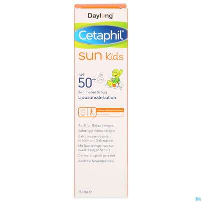 Sie sehen eine Packung Cetaphil Sun Daylong Kids Liposomale Lotion SPF 50+ , 150 Milliliter, Produktbild: 01 Cetaphil Sun Daylong Kids Liposomale Lotion SPF 50+ , 150 Milliliter, A-Nr.: 5129773 - 01