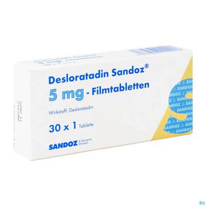 Sie sehen eine Packung Desloratadin-Sandoz Filmtabl 5mg 30st, Produktbild: 02 Desloratadin-Sandoz Filmtabl 5mg 30st, A-Nr.: 3909917 - 02