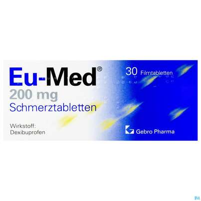 Sie sehen eine Packung Eu-med Schmerztabl 200mg 30st, Produktbild: 01 Eu-med Schmerztabl 200mg 30st, A-Nr.: 2442653 - 01